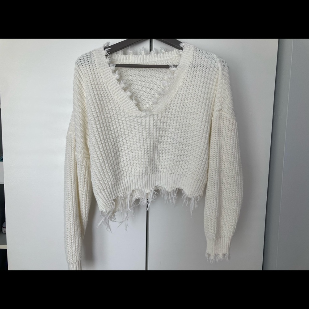 White Distressed Knit Sweater